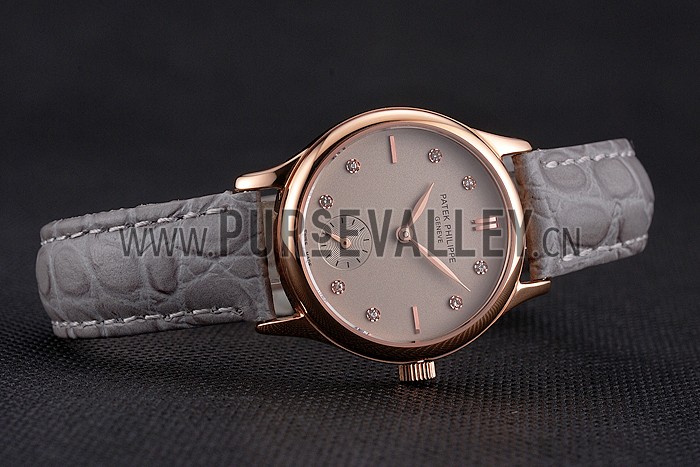 Patek Philippe Calatrava Gray Dial Diamond Markings Rose Gold Case Gray Leather Strap
