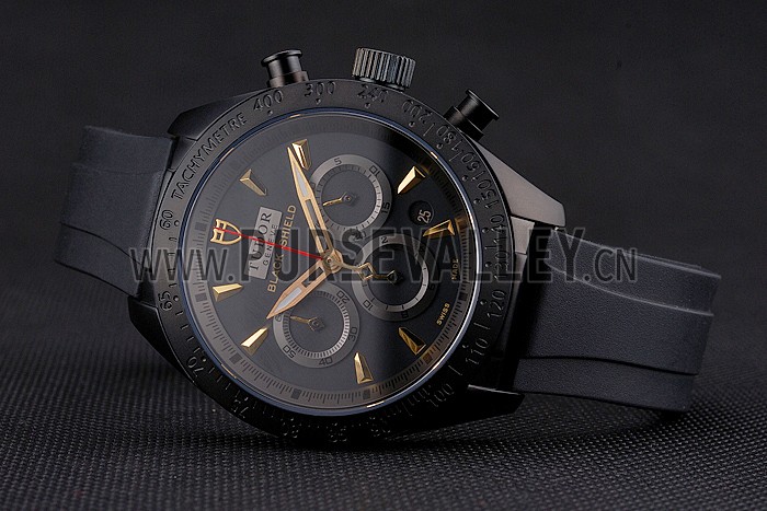 Tudor Fastrider Black Shield Black Dial Gold Markings Black Case Black Rubber Strap