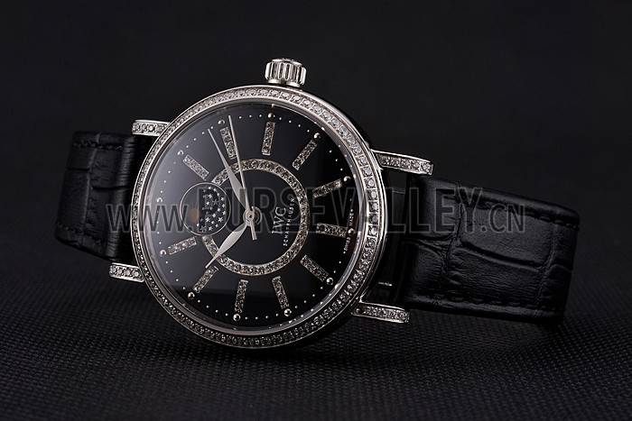 IWC Portofino Moon Phase Black Dial With Diamonds Stainless Steel Case Diamonds Bezel Black Leather Strap