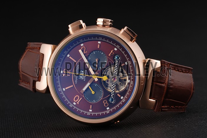 Louis Vuitton Tambour LV277 Tourbillon Brown Dial Rose Gold Case Brown Leather Strap