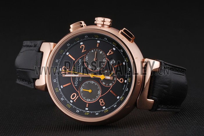 Louis Vuitton Tambour LV277 Chronograph Black Dial Rose Gold Case Black Leather Strap