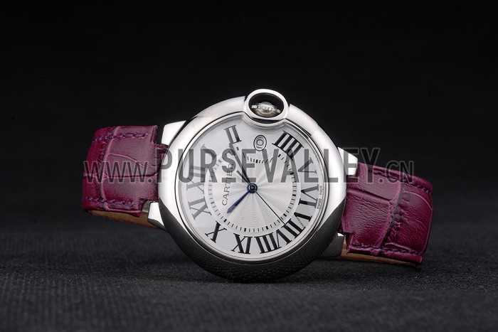Cartier Ballon Bleu 38mm White Dial Stainless Steel Case Purple Leather Bracelet