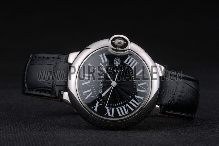 Cartier Ballon Bleu 38mm Black Dial Stainless Steel Case Black Leather Bracelet