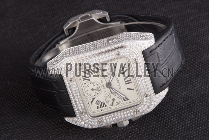 Swiss Cartier Santos Silver Bezel with Diamonds and Black Leather Strap sct44 621528