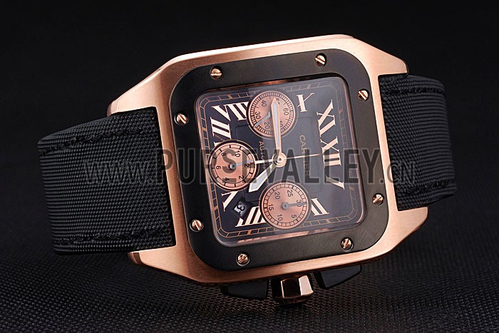 Swiss Cartier Santos Rose Gold Bezel with Black Dial and Black Fabric Strap sct39 621523