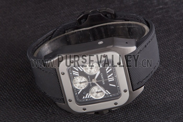 Swiss Cartier Santos Two Tone Bezel with Black Dial and Black Fabric Strap 621525