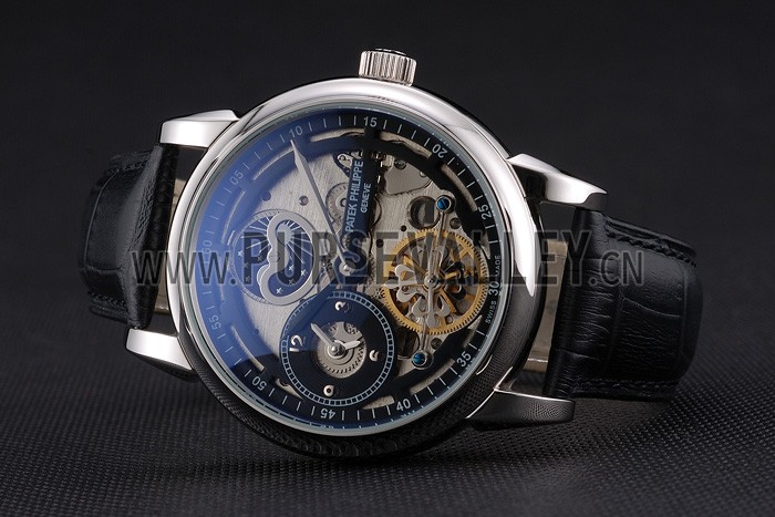 Patek Philippe Dual Time Moonphase Tourbillon Black Skeletonised Dial Stainless Steel Case Black Leather Strap
