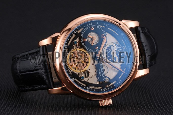 Patek Philippe Dual Time Moonphase Tourbillon Black Skeletonised Rose Gold Case Black Leather Strap