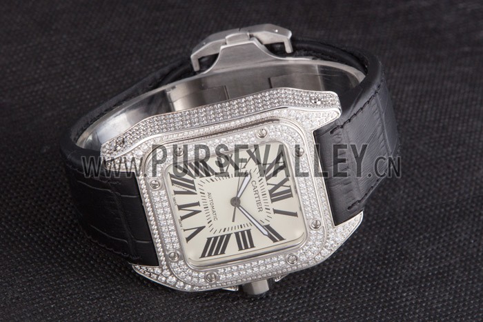 Swiss Cartier Santos Silver Bezel with Diamonds and Black Leather Strap sct47 621531