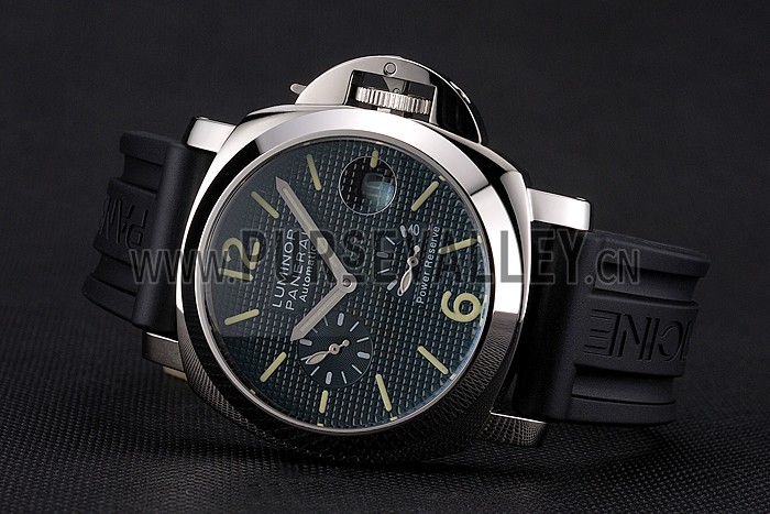 Panerai Luminor Power Reserve Black Hobnail Pattern Dial Stainless Stel Case Black Rubber Strap