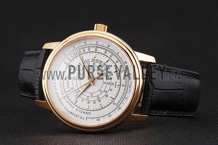 Swiss Patek Philippe Multi-Scale Chronograph White Dial Gold Case Black Leather Strap