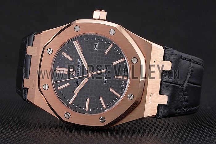 Swiss Audemars Piguet Royal Oak Black Dial Gold Case Black Leather Strap