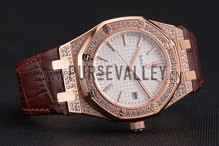 Swiss Audemars Piguet Royal Oak White Dial Gold Case With Diamonds Brown Leather Strap