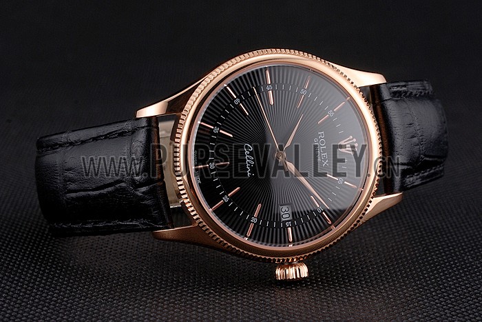 Swiss Rolex Cellini Date Black Dial Rose Gold Markings Rose Gold Case Black Leather Strap