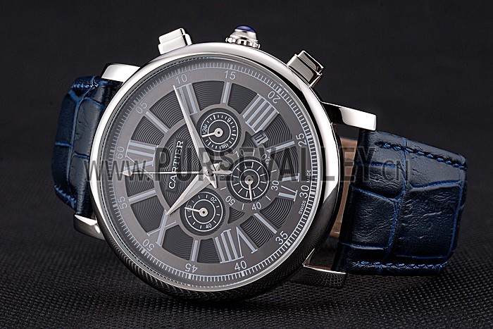 Cartier Rotonde Chronograph Black Dial Stainless Steel Case Blue Leather Strap