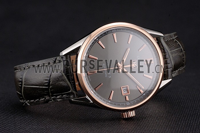 Swiss Tag Heuer Carrera Calibre 5 Gray Dial Rose Gold Case Black Leather Strap