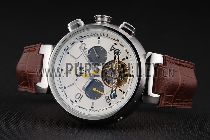 Louis Vuitton Tambour LV277 Tourbillon White Dial Stainless Steel Case Brown Leather Strap