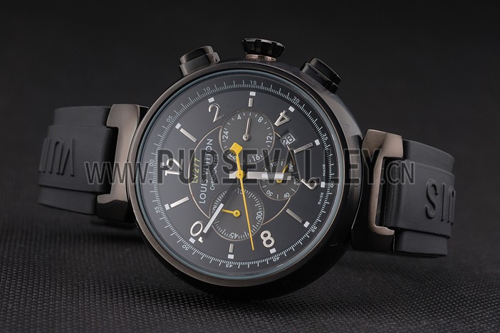 Louis Vuitton Tambour LV277 Chronograph Black Dial Black PVD Case Black Rubber Strap