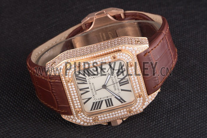 Swiss Cartier Santos Rose Gold Bezel with Diamonds and Brown Leather Strap sct46 621530
