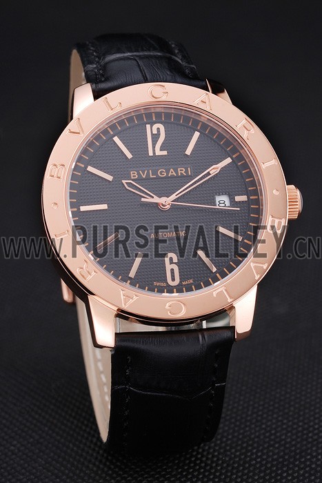 Bvlgari Novelties Black Dial Gold Case Black Leather Strap