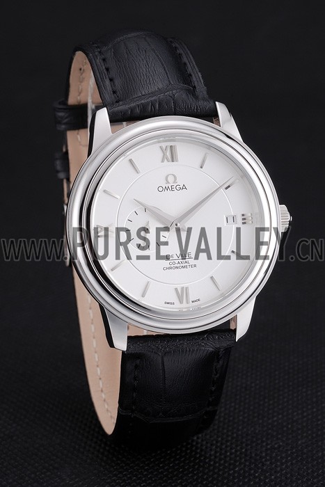 Omega De Ville Prstige Co-Axial White Dial Silver Case Black Leather Strap Roman Numeral
