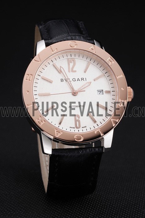 Bvlgari Novelties White Dial Gold Case Black Leather Strap