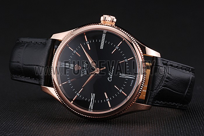 Rolex Cellini Black Dial Pink Gold Case Black Leather Strap 622842