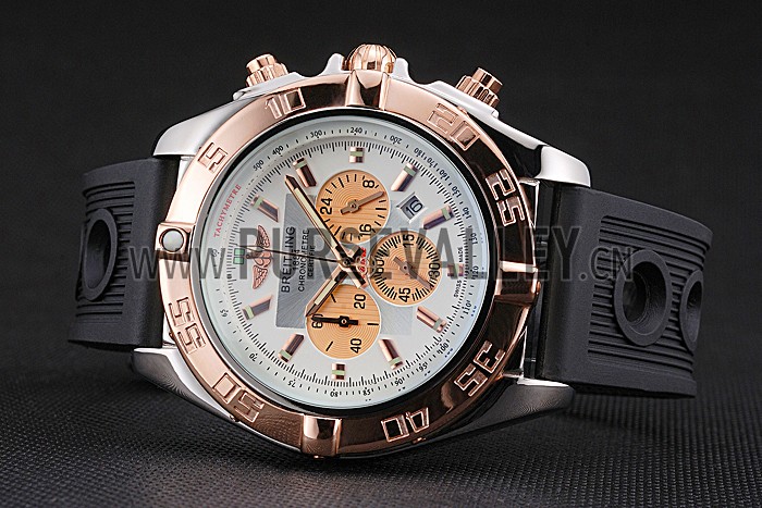 Breitling Chronomat White Dial Rose Gold Bezel And Subdials Stainless Steel Case Black Rubber Strap