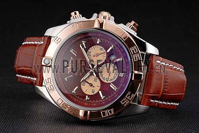 Breitling Chronomat Brown Dial Rose Gold Bezel And Subdials Stainless Steel Case Brown Leather Strap