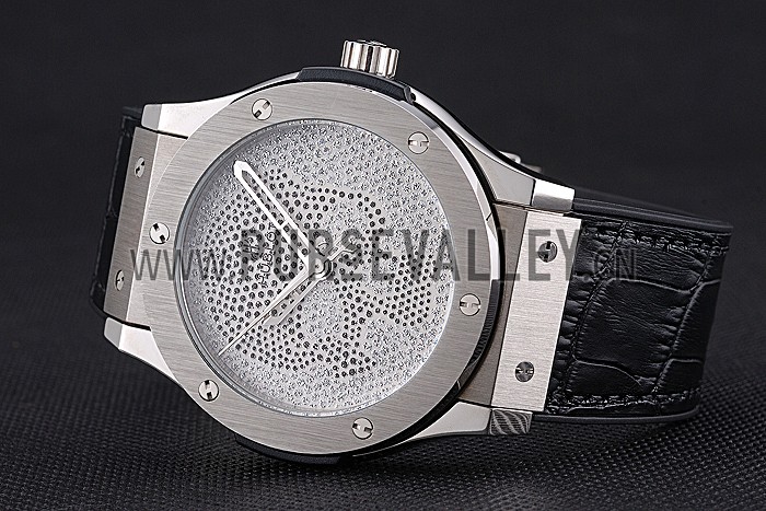 Hublot Classic Fusion Diamond Skull Dial Stainless Steel Case Black Leather Strap 622814