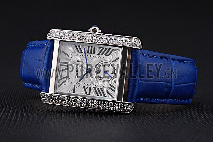 Cartier Tank MC Stainless Steel Diamond Case White Dial Blue Leather Strap 622172