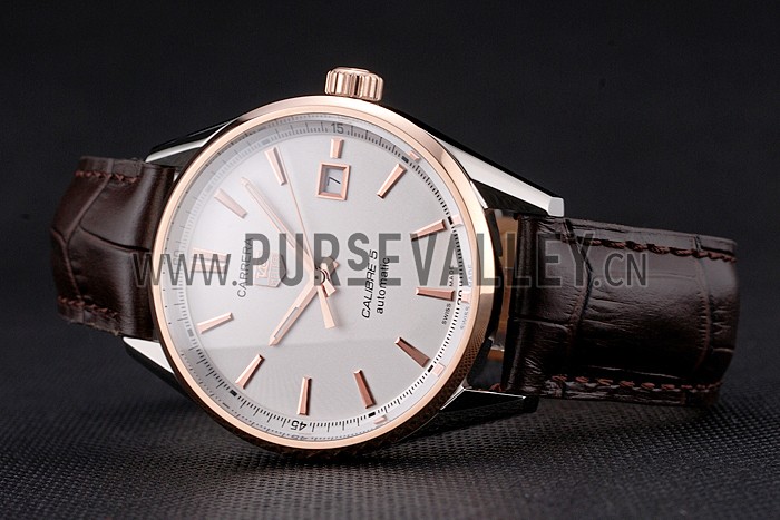 Swiss Tag Heuer Carrera Calibre 5 White Dial Rose Gold Case Brown Leather Strap