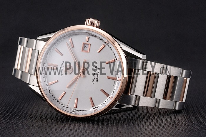 Swiss Tag Heuer Carrera Calibre 5 White Dial Rose Gold Case Two Tone Bracelet