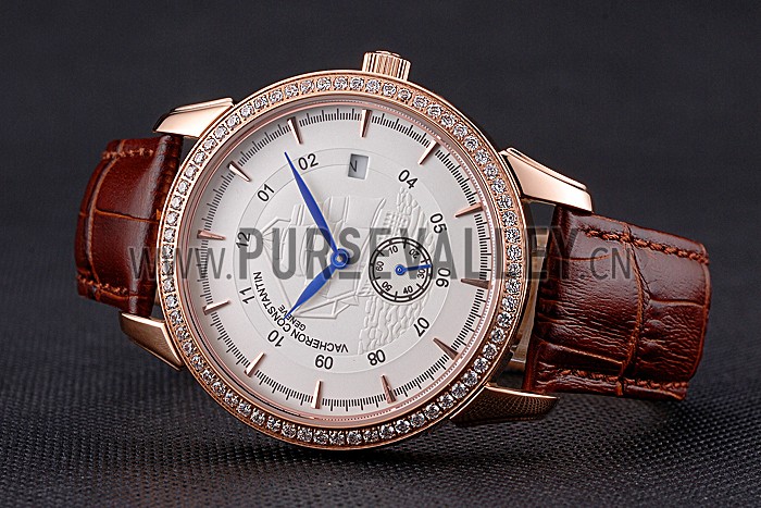 Vacheron Constantin Traditionnelle White Ship Dial Rose Gold Case With Diamonds Brown Leather Strap