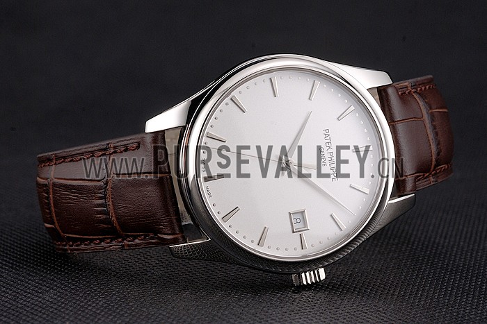 Swiss Patek Philippe Calatrava White Dial Stainless Steel Case Brown Leather Strap