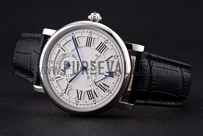 Cartier Rotonde White Dial Stainless Steel Case Black Leather Strap 622757
