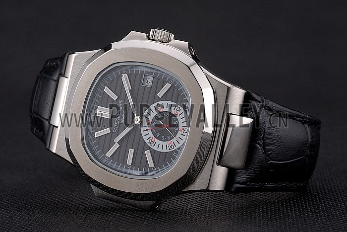Patek Philippe Nautilus Black Dial Stainless Steel Case Black Leather Strap