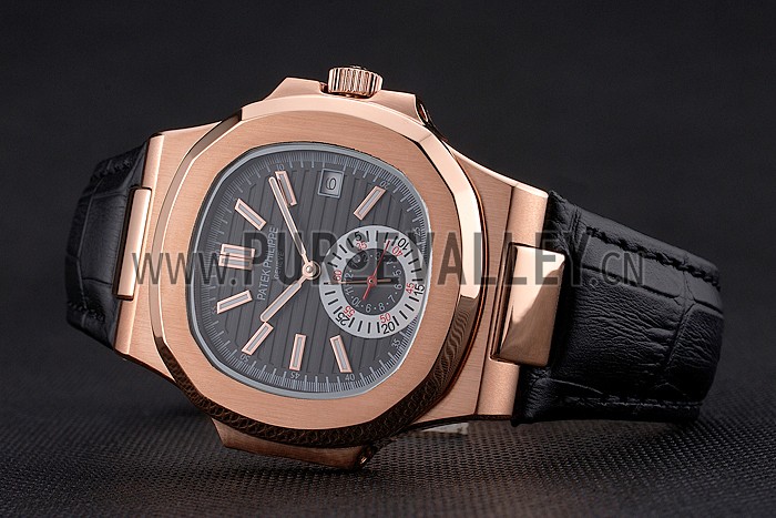 Patek Philippe Nautilus Black Dial Rose Gold Case Black Leather Strap