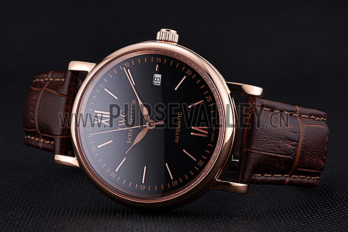 Swiss IWC Portofino Gold Case Black Dial Brown Leather Bracelet 622669