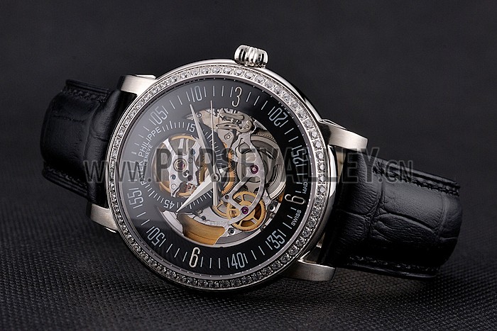 Swiss Patek Philippe Complications Openworked Dial Stainless Steel Case Diamond Bezel Black Leather Strap