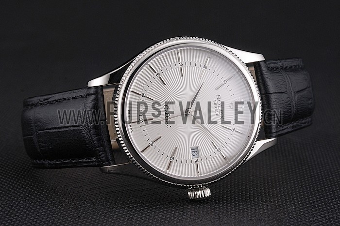 Swiss Rolex Cellini Date White Dial Stainless Steel Case Black Leather Strap