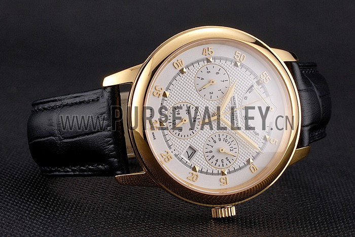 Swiss Vacheron Constantin Traditionnelle Power Reserve White Dial Gold Case Black Leather Strap