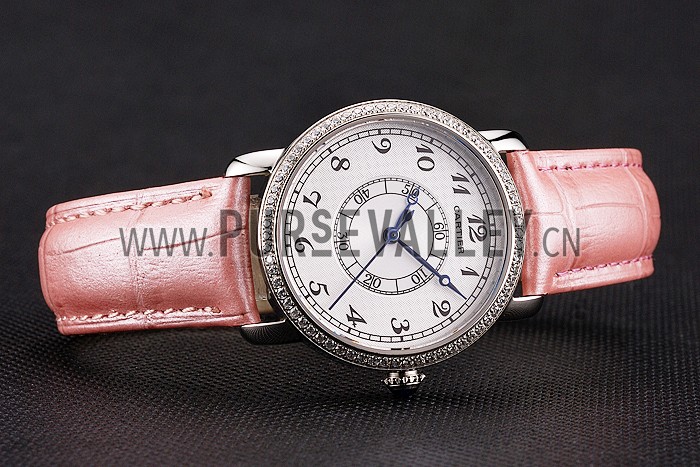 Cartier Ronde White Dial Diamond Bezel Stainless Steel Case Pink Leather Strap
