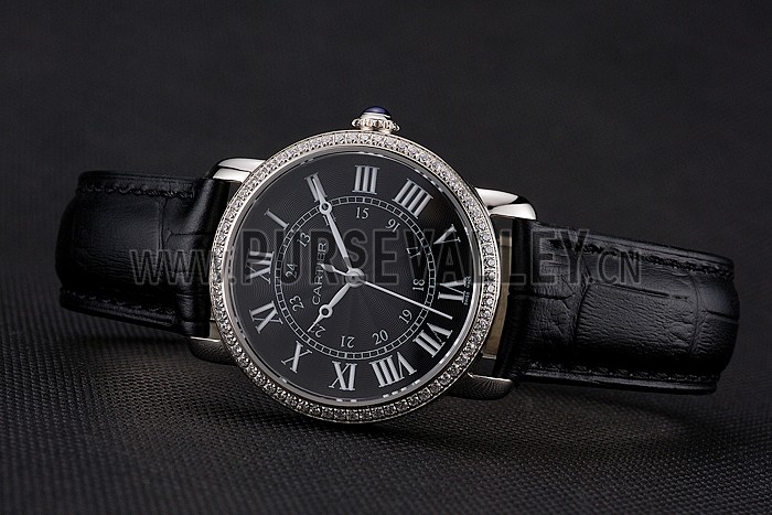 Cartier Ronde Black Dial Diamond Bezel Stainless Steel Case Black Leather Strap