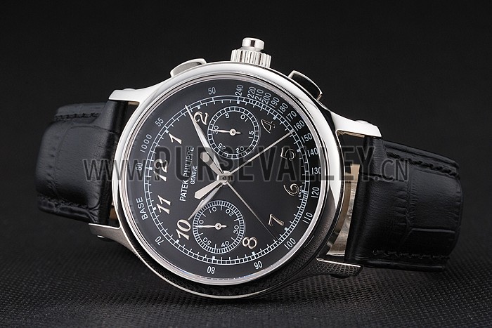 Swiss Patek Philippe Split Seconds Chronograph Black Dial Stainless Steel Case Black Leather Strap