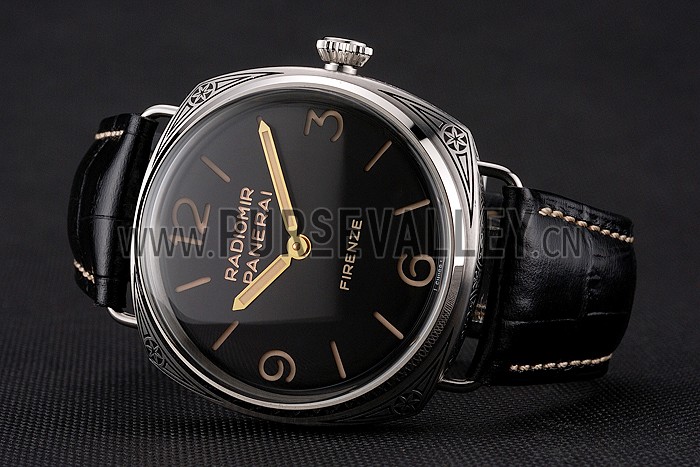 Panerai Radiomir Firenze 3 Days Acciaio PAM604 Black Dial Engraved Stainless Stell Case Black Leather Strap