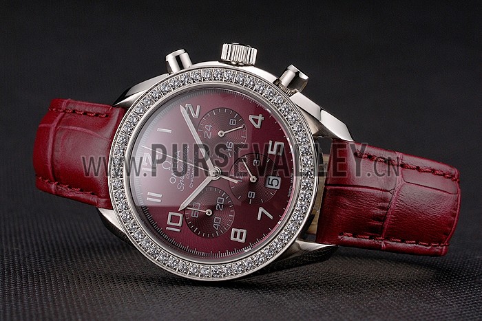 Omega Speedmaster Burgundy Dial Stainless Steel Case Diamond Bezel Burgundy Leather Strap