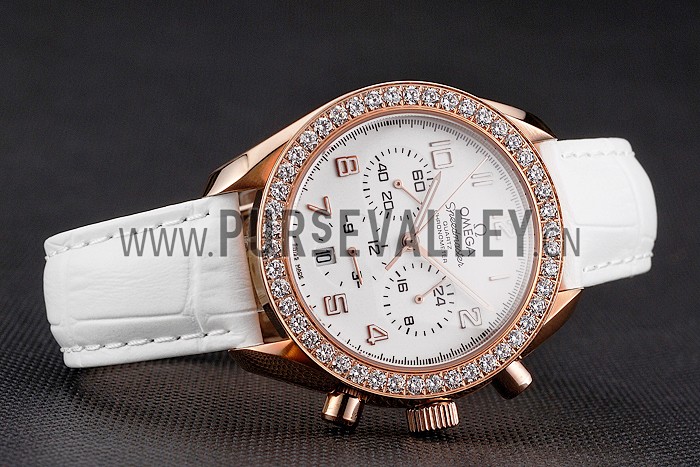 Omega Speedmaster White Dial Rose Gold Case Diamond Bezel White Leather Strap