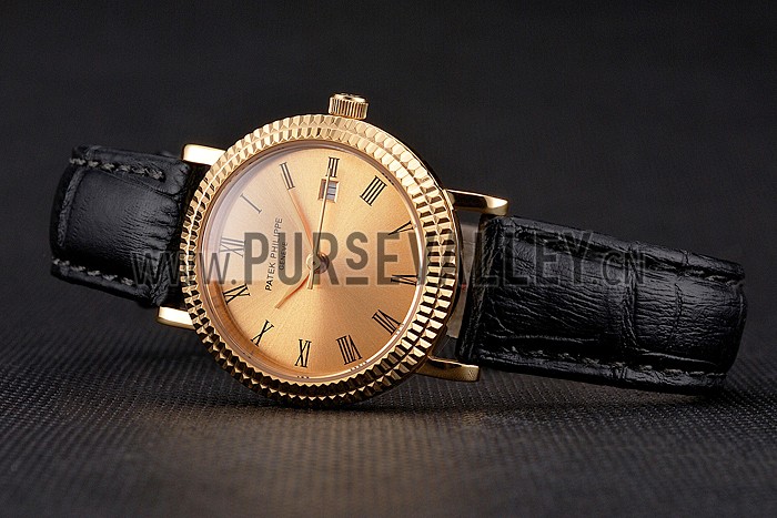 Patek Philippe Calatrava Gold Dial Roman Numerals Double Ribbed Bezel Gold Case Black Leather Strap