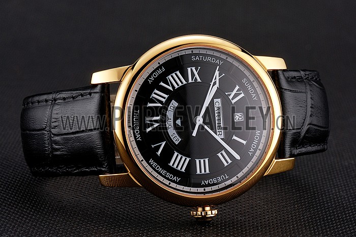 Swiss Cartier Rotonde Annual Calendar Black Dial Gold Case Black Leather Strap